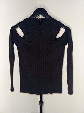 American Eagle Outfitters Black Cold-Shoulder Ribbed Long Sleeve Top